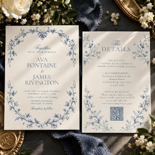 Convite de Casamento Vintage Francês Floral Crest