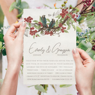 Convite de Casamento Vintage Galho de Flor Vermelh