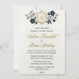 Convite de Casamento Vintage Gold Crest Royal Navy