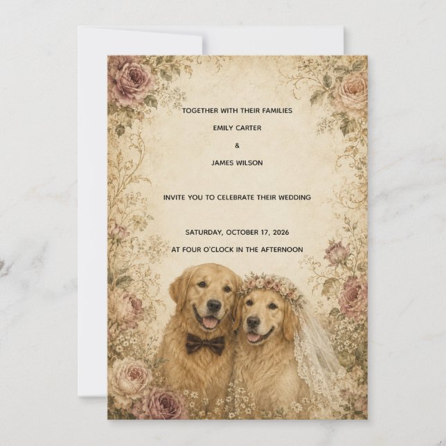 Convite de Casamento Vintage Golden Retriever (Frente)