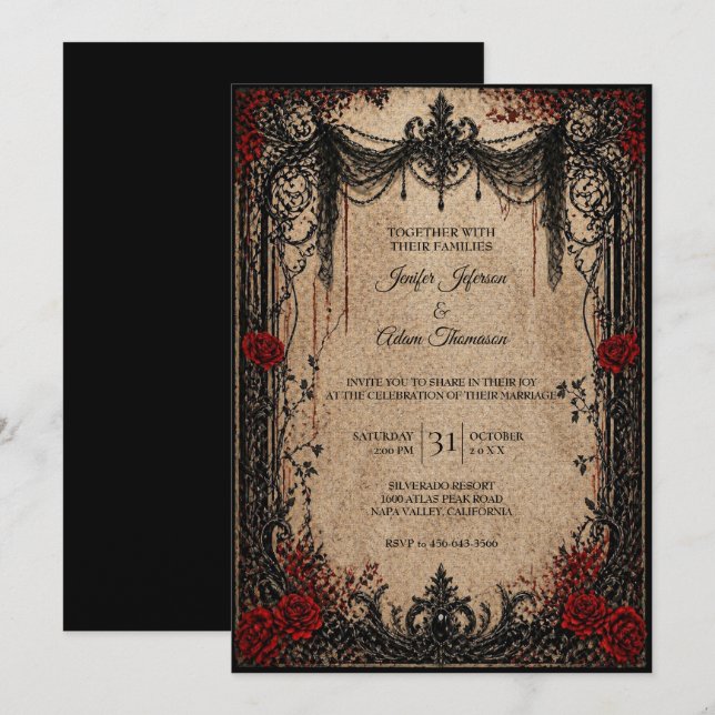 Convite de casamento vintage gótico de Halloween (Frente/Verso)