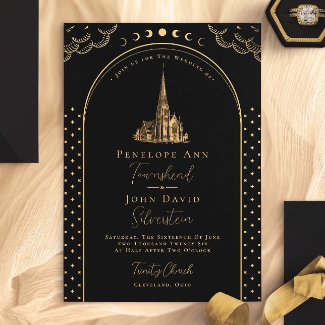 Convite de Casamento Vintage Igreja Deco Preto Dou (Mystical Deco Black Gold Vintage Church Wedding Invitation)