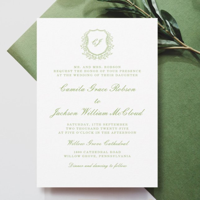 Convite de Casamento Vintage Monograma Crest Branc (Criador carregado)