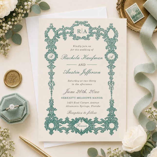 Convite de Casamento Vintage Ornate Verde (Criador carregado)