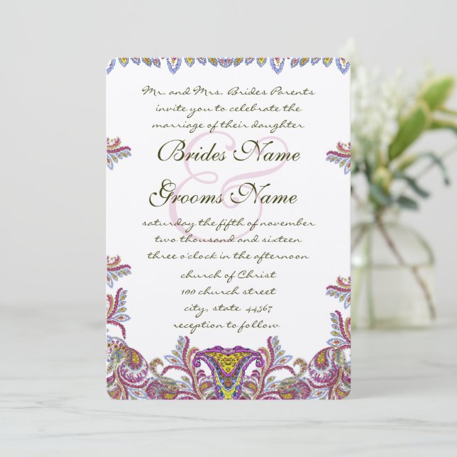 Convite de Casamento Vintage Paisley Pink Yarrow (Em pé/Frente)