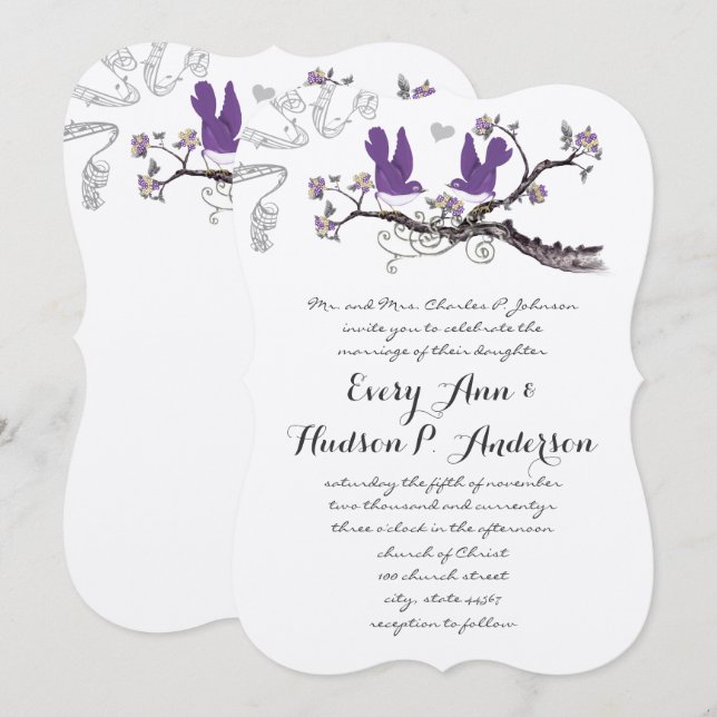Convite de Casamento Vintage Plum Birds Amarelo e  (Frente/Verso)