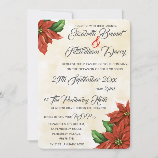 Convite De Casamento Vintage Poinsettia (Frente)