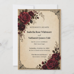 Convite de Casamento Vintage Preto Rosa Vermelho B