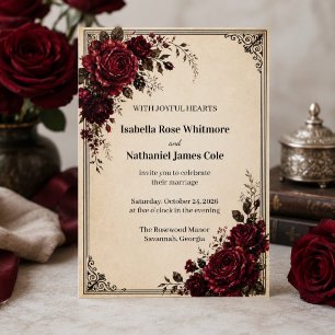 Convite de Casamento Vintage Preto Rosa Vermelho B