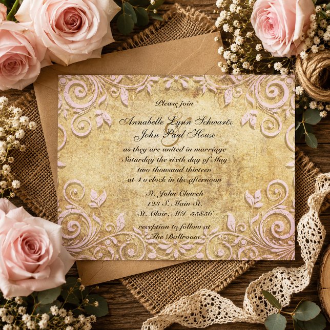 Convite de Casamento Vintage Redemoinho Rosa (Pink Swirl Vintage Wedding Invitation)