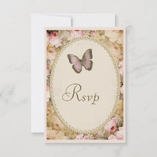 Convite de Casamento Vintage RSVP Rosas Borboleta,