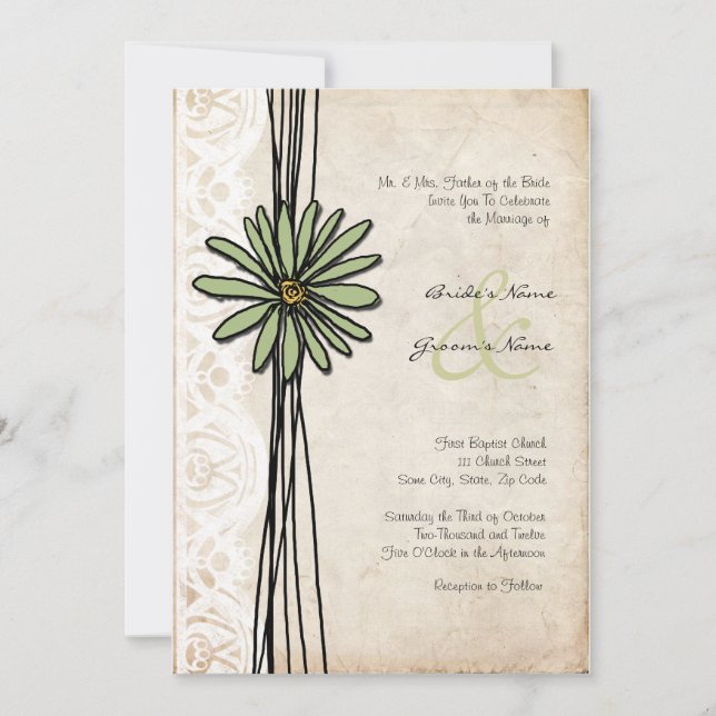 Convite de Casamento Vintage Sage Daisy (Frente)