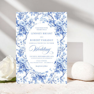Convite de Casamento Vintage Toile de Jouy Azul Ro