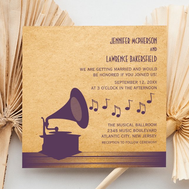 Convite de casamento Violet Vintage Gramophone (Violet Vintage Gramophone Wedding Invite)