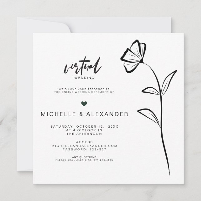 Convite de Casamento Virtual Floral Preto e Branco (Frente)
