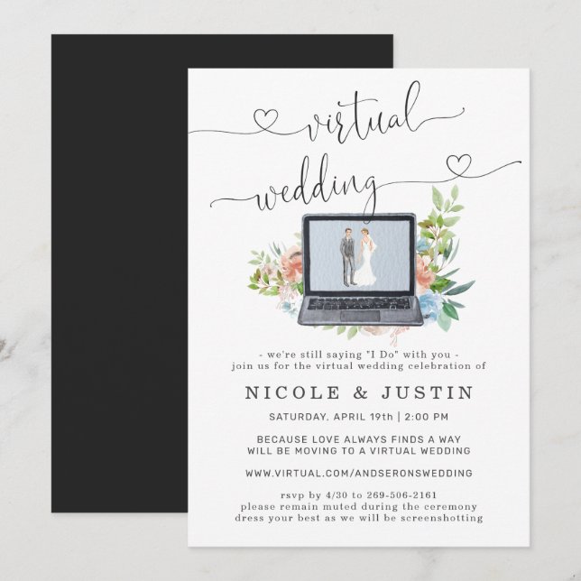 Convite de Casamento Virtual | Laptop Floral (Frente/Verso)