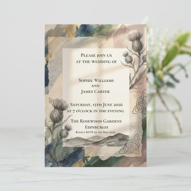 Convite de Casamento Watercolor Thistle & Celtic K (Em pé/Frente)