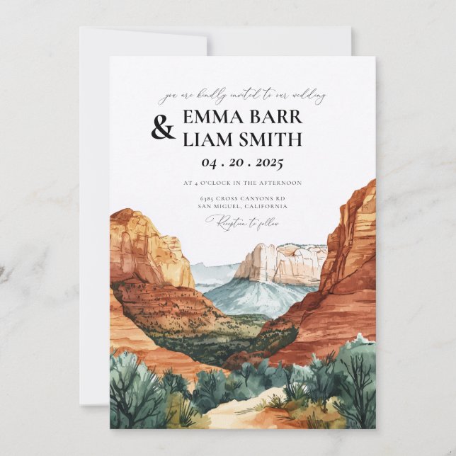 Convite de Casamento Watercolor Zion National Park (Frente)