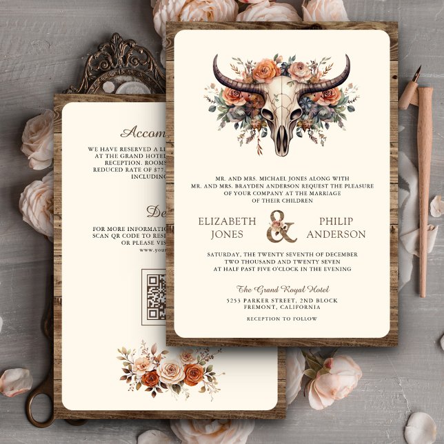 Convite de Casamento Western com Crânio de Vaca Fl (Criador carregado)