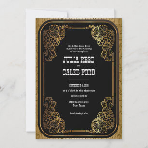 Convite de Casamento Western Cowboy Dourado Vintag