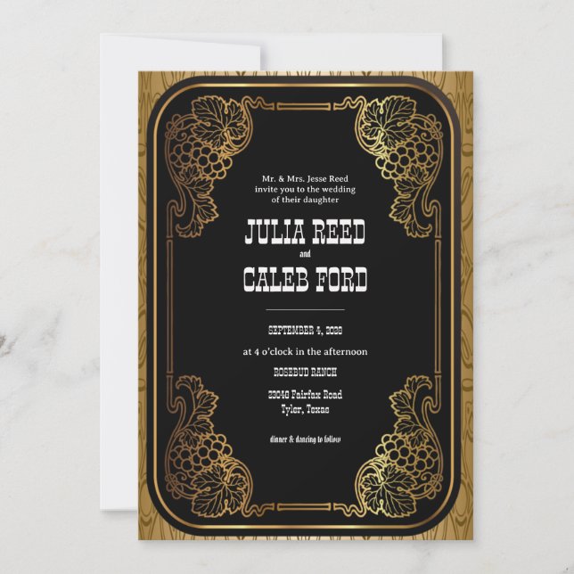 Convite de Casamento Western Cowboy Dourado Vintag (Frente)