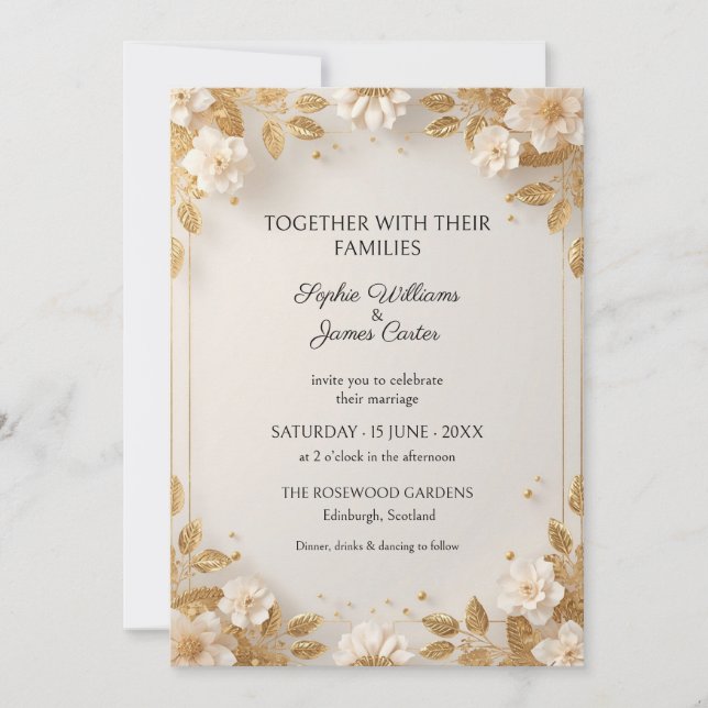 Convite de Casamento White Blossom Gold Leaf (Frente)