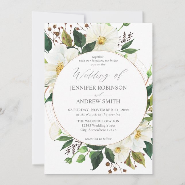 Convite de Casamento White Floral & Greenery 1 (Frente)