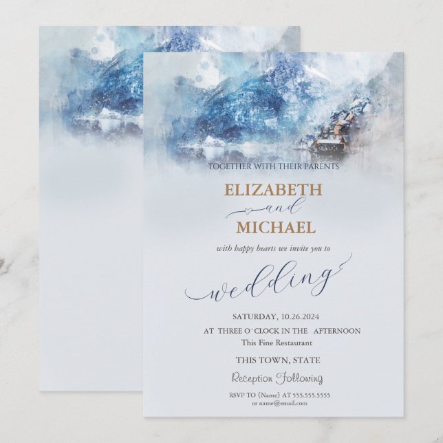 Convite de Casamento Winter Mountain Lake (Frente/Verso)