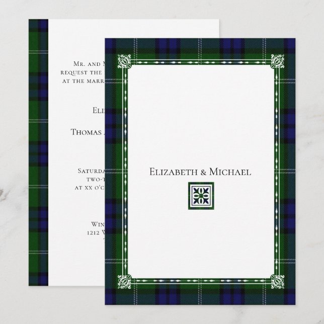 Convite de Casamento Xadrez Azul e Verde,Tartan (Frente/Verso)