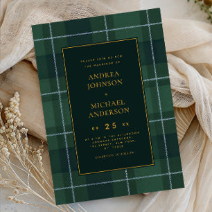 Convite de Casamento Xadrez Escocês Vintage Verde