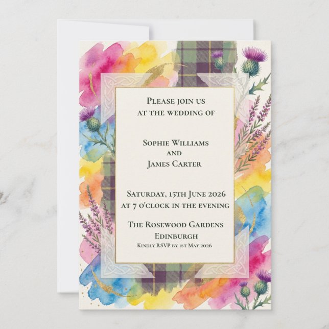 Convite de Casamento Xadrez Flor Silvestre Arco-ír (Frente)