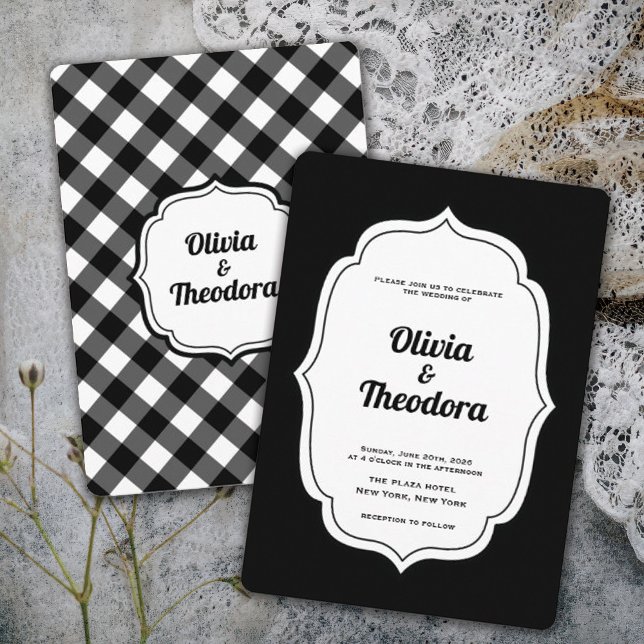 Convite de casamento xadrez moderno vintage (vintage modern elegant black and white gingham check wedding invitation )
