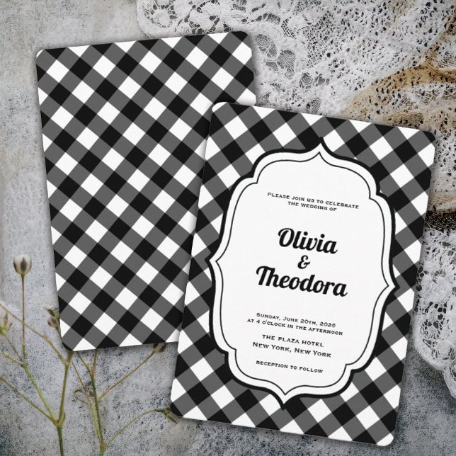 Convite de casamento xadrez moderno vintage (vintage modern elegant black and white gingham wedding invitation)