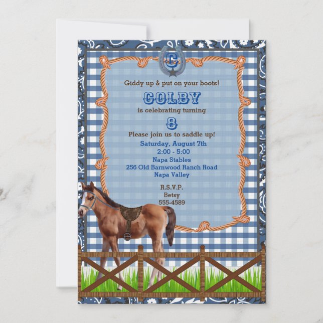Convite de Cavalo Western Azul e Marrom (Frente)