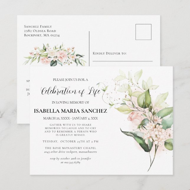 Convite de Celebração da Vida com Rosa Rosa Floral (Frente/Verso)