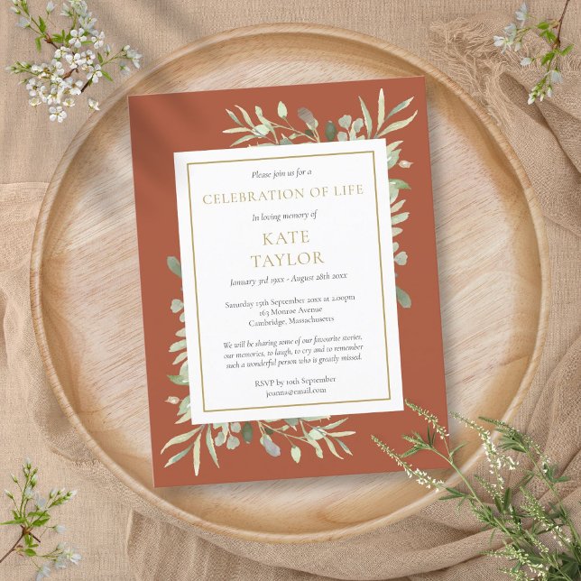 Convite de Celebração da Vida com Verde Terracota (Terracotta Greenery Celebration of Life Invitation)