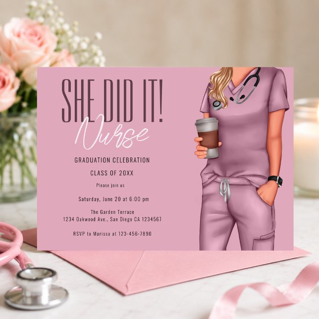 Convite de Celebração de Formatura de Enfermeira R (Elegant pink nurse graduation invitation with a modern feminine editorial aesthetic )
