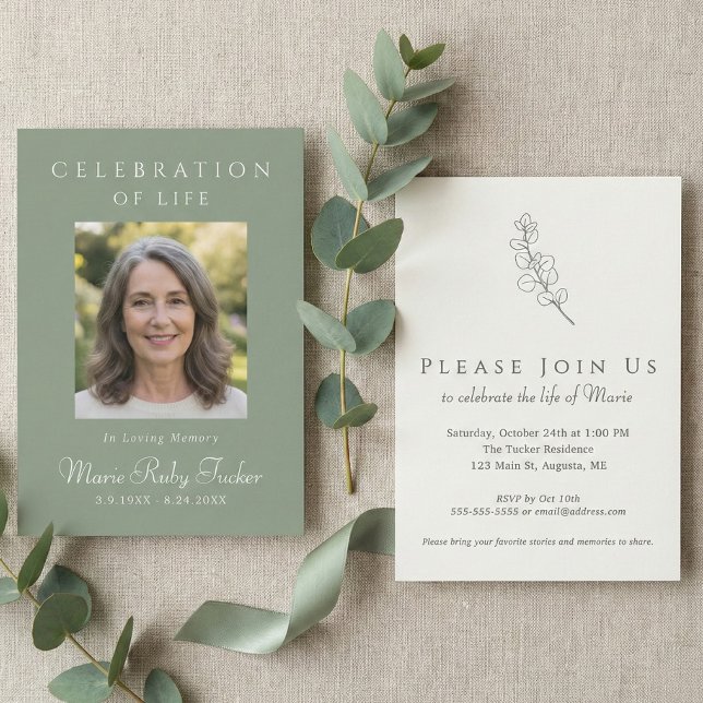 Convite de Celebração de Vida com Foto em Verde Sa (Sage Green Botanical Custom Photo Celebration of Life Invitation)