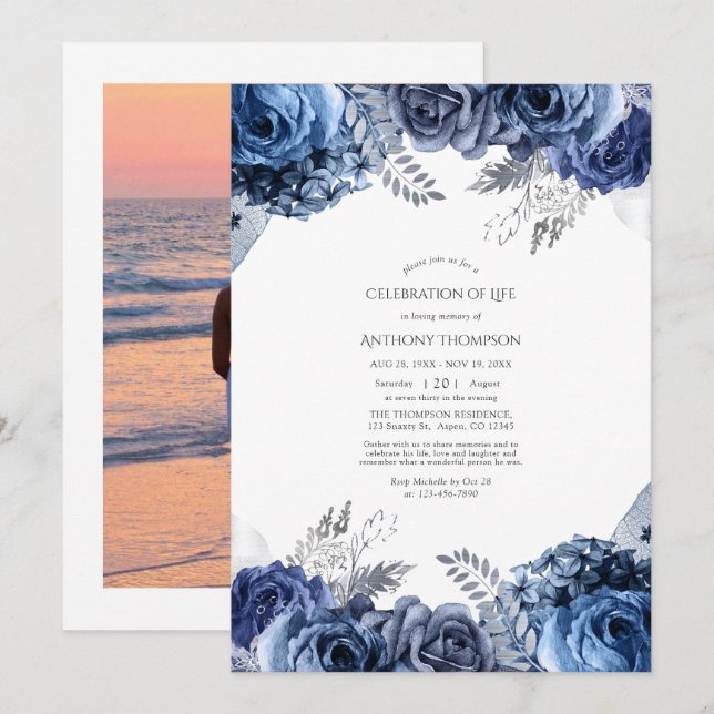 Convite de Celebração de Vida Floral Azul Marinho  (Frente/Verso)
