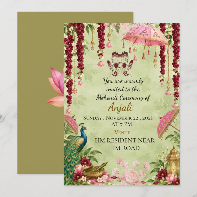 Convite de Cerimônia de Mehendi de Casamento India (Frente/Verso)