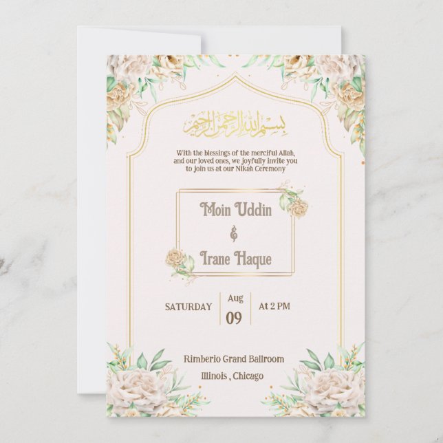 Convite de Cerimônia Islâmica de Nikah com Floral  (Frente)