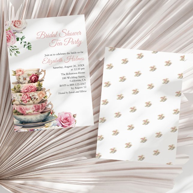 Convite de Chá Blush Pink Floral para Chá de Noiva (Blush Pink Floral Teacup Bridal Shower Tea Brunch Invitation on a sunny white dry palm leaf.)
