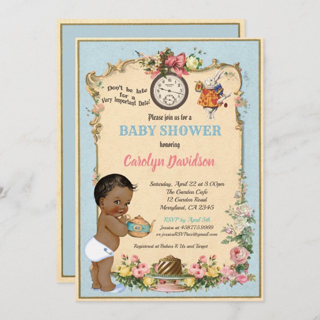 Convite de Chã de Bebê Alice no País das Maravilha (Frente/Verso)