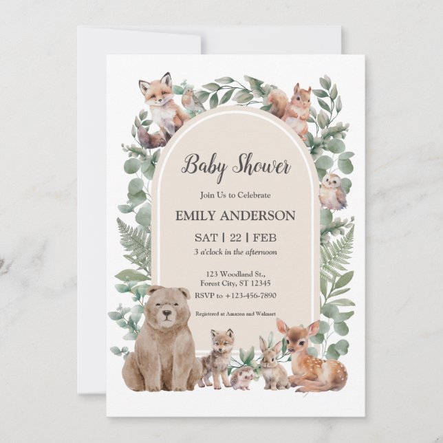 Convite de Chá de Bebê Animais da Floresta Boho (Frente)