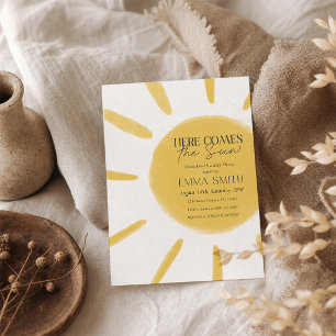 Convite de Chá de Bebê "Aqui Vem o Sol" em Aquarel