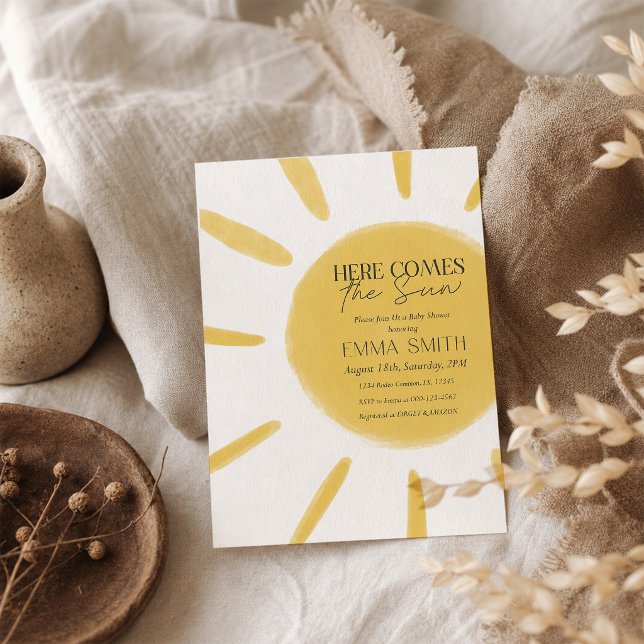 Convite de Chá de Bebê "Aqui Vem o Sol" em Aquarel (Criador carregado)