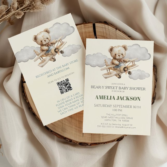 Convite de Chá de Bebê Avião Ursinho (Boho Vintage Teddy Bear and Airplane Bear-y Sweet Baby Shower Invitation)