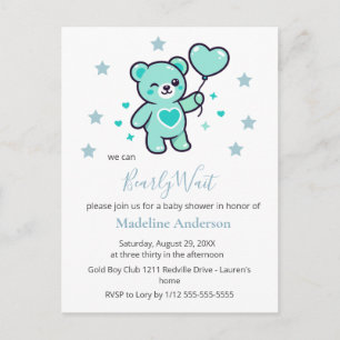 Convite de Chá de Bebê Azul Coração de Urso Teddy