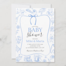 Convite de Chá de Bebê Azul Toile De Jouy Menino