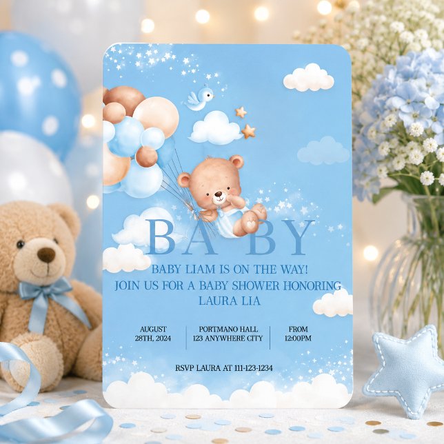 CONVITE DE CHÁ DE BEBÊ AZUL URSO DE PELÚCIA (Criador carregado)